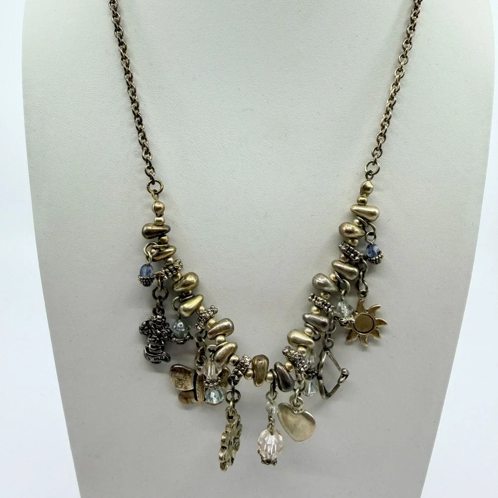Vintage Silver Tone Multi Charm Necklace Sun Heart Butterfly Celestial Bead Boho